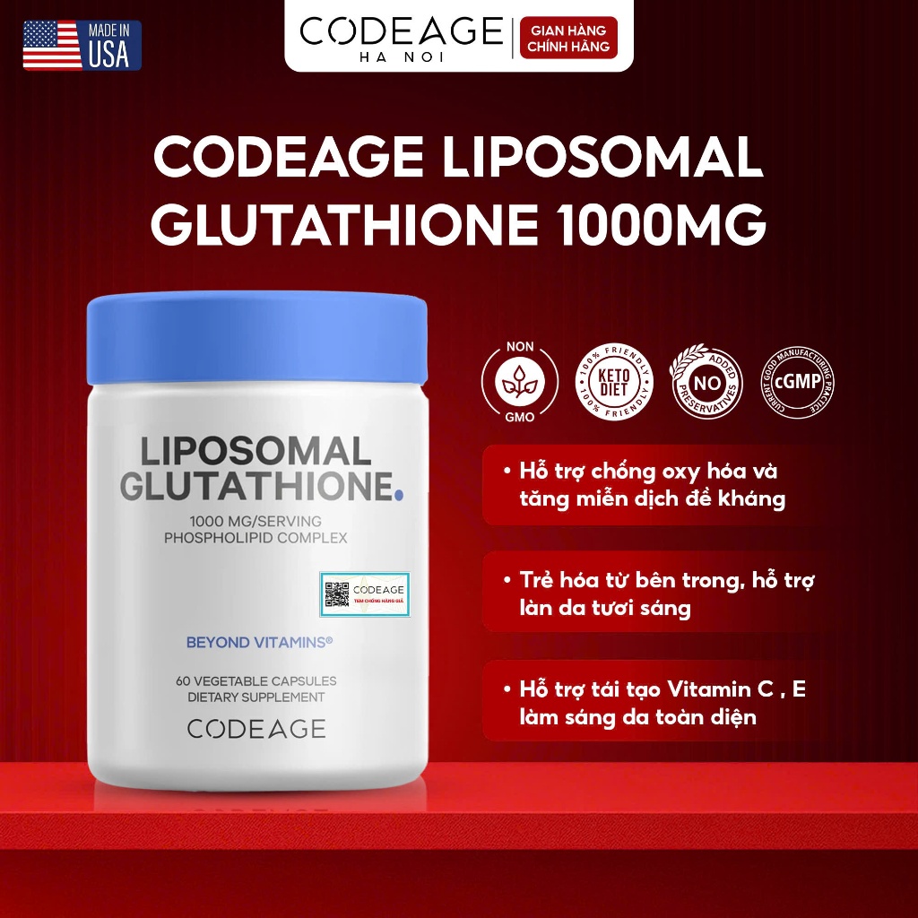 Viên Uống Codeage Liposomal Glutathione 1000mg 60 Viên GlutaONE L-Glutathione Hỗ Trợ Chống Oxy Hóa