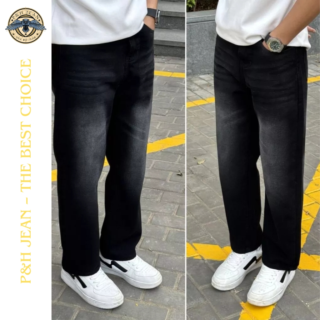 Quần Jean Nam Baggy Wash Đen khói P&H JEAN Ống Rộng Chất Liệu Cao Cấp