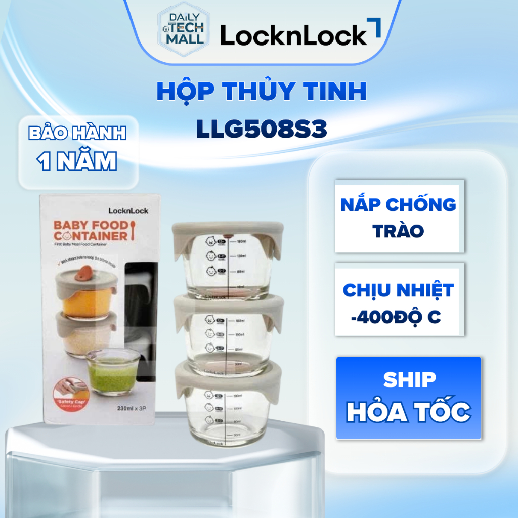 Bộ 3 Hộp Thủy Tinh LocknLock LLG508S3 230ml Đựng Đồ Ăn Dặm Có Chia Vạch, Chịu Nhiệt Tốt