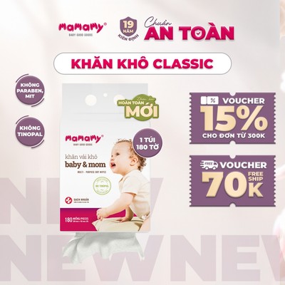 Khăn khô đa năng Mamamy dùng thay khăn sữa, an toàn cho bé túi 180 tờ rút đáy phiên bản mới