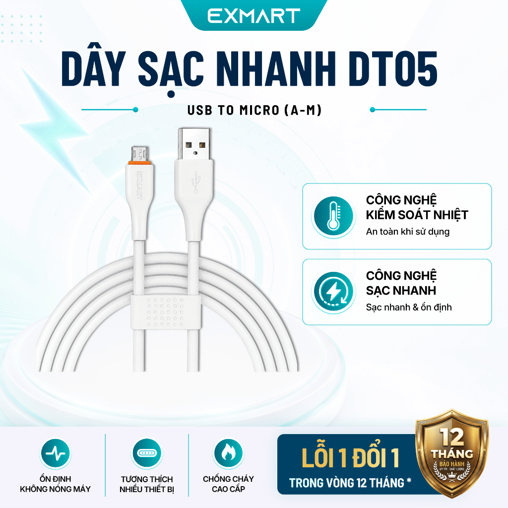 Cáp Sạc Nhanh EXMART DT05A-M Usb Sang Micro - Bảo Hành 12 tháng - Dài 100cm - Dây Nhựa TPE Chống Đứt