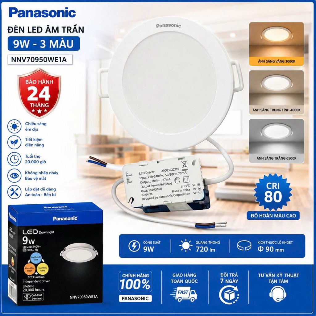 Đèn LED âm trần Panasonic DN 2G 9W 3 màu – NNV70950WE1A