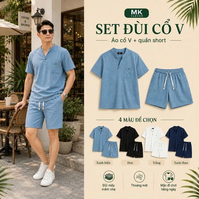 Set bộ nam đũi cổ V MK CLEVER mềm nhẹ thoáng mát, nguyên set chỉn chu, món quà dễ mặc dành cho bố hoặc chồng