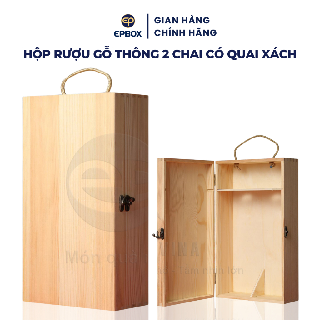Hộp Gỗ Đôi Đựng Rượu Gỗ Thông Có Dây Thừng Quai Xách Chắc Chắn Epvina