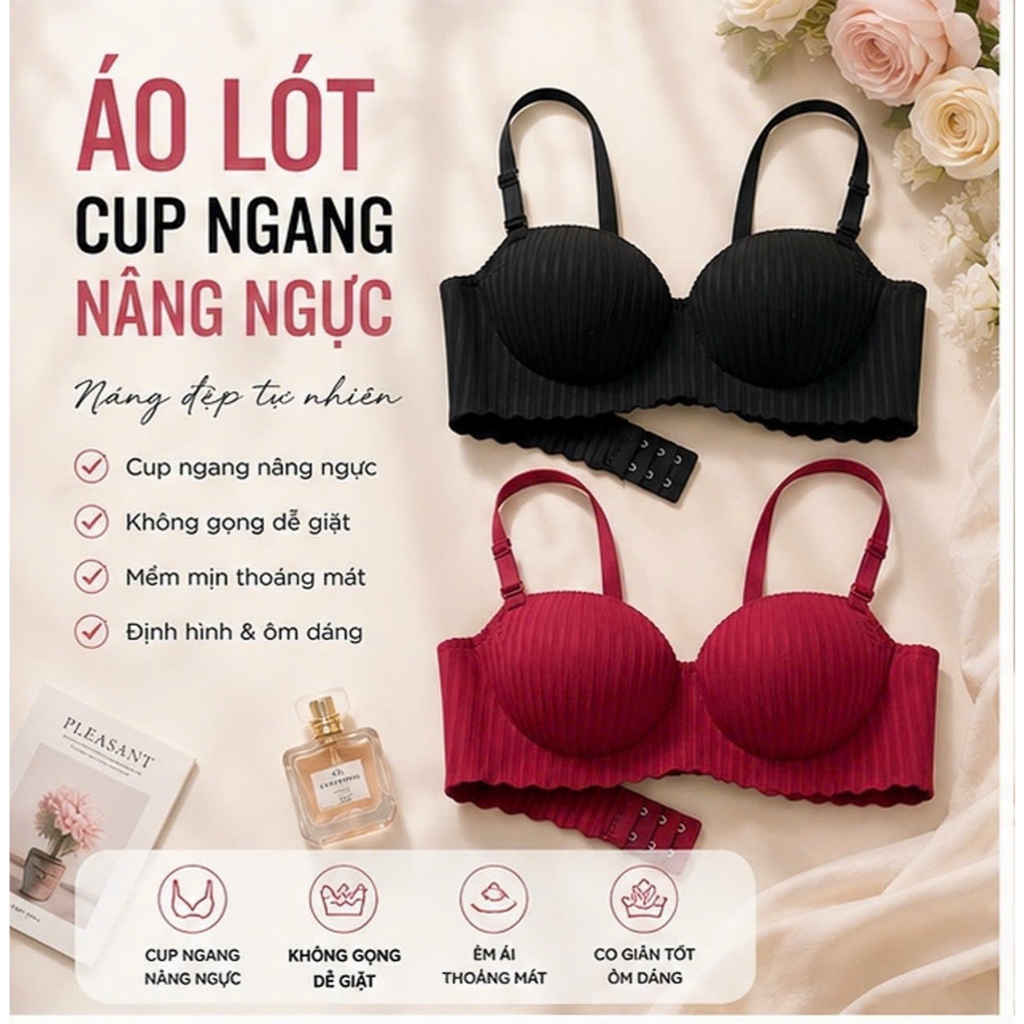 Áo Lót Nữ Không Gọng Cup Ngang Nâng Ngực Su Đúc Sọc Đứng Mút Bàn Tay Phối Dày 3cm Màu Đỏ Đô Đen