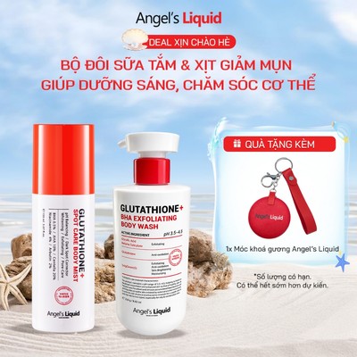 Bộ Đôi Sữa Tắm + Xịt Giảm Mụn Giúp Dưỡng Trắng Da 2 Tác Động Angel's Liquid Glutathione Plus BHA 250ml +150ml