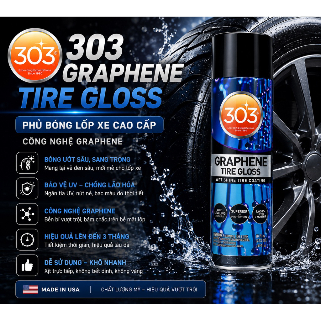 Xịt Phủ Bóng Lốp Xe Công Nghệ Graphene, Bóng Ướt Đen Sâu, Bảo Vệ UV -303 Graphene Tire Gloss