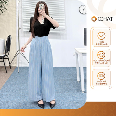 Quần Ống Rộng 𝐂𝐂𝐇𝐀𝐓 Dáng Suông Riviera Kẻ Sọc Chất Liệu Đũi Xước Cao Cấp 16QDD2056ST