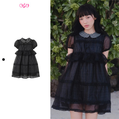 Set đầm OLV cotton voan kẻ caro Black Checked Chiffon Puff Layered Mini Dress phù hợp đi học đi chơi
