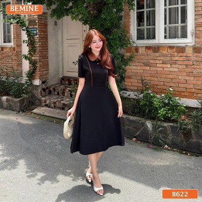 Đầm thiết kế BEMINE cổ sen phối viền dáng chữ A phù hợp đi làm-B622