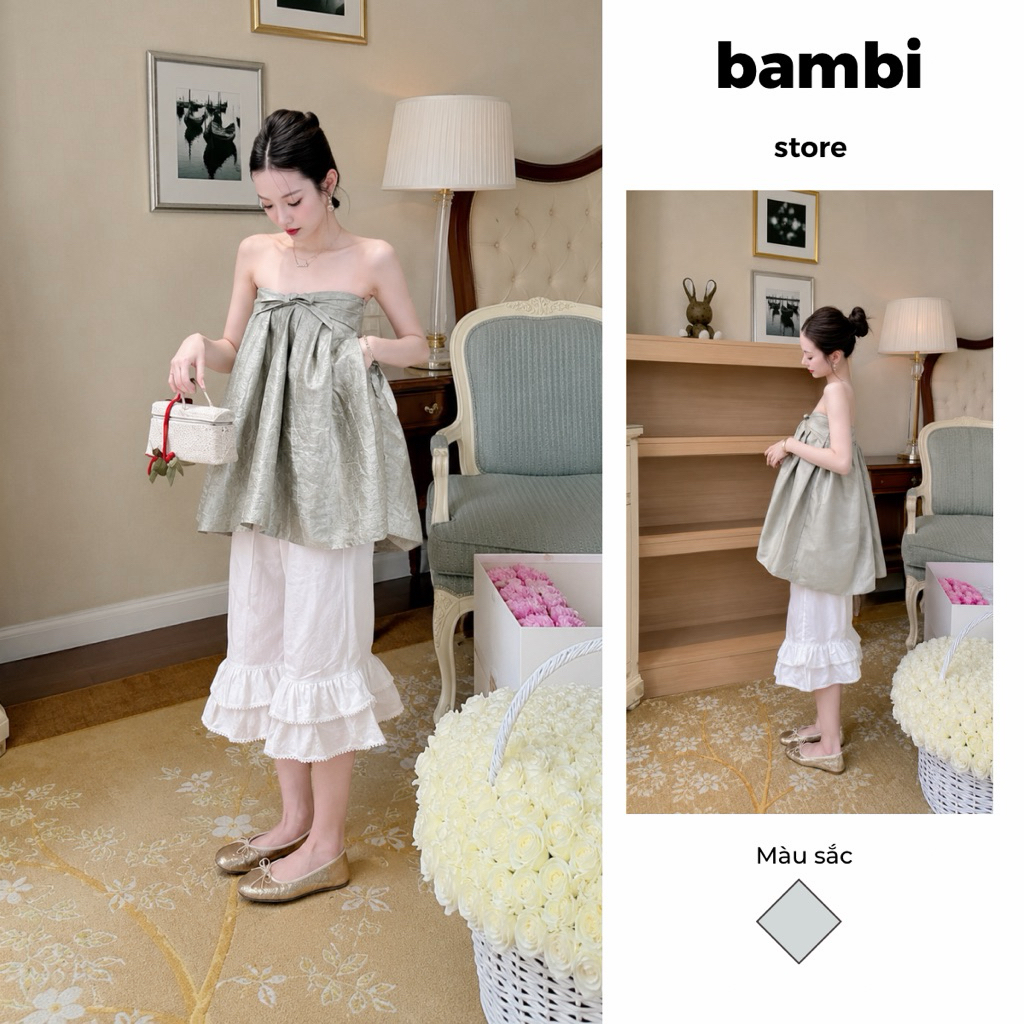[Bambi] Áo quây xanh đổ babydoll / quần xô ren lững