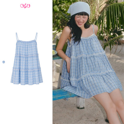 Đầm babydoll caro xếp tầng Blue Plaid Kate Layered Mini Dress phù hợp đi chơi đi biển
