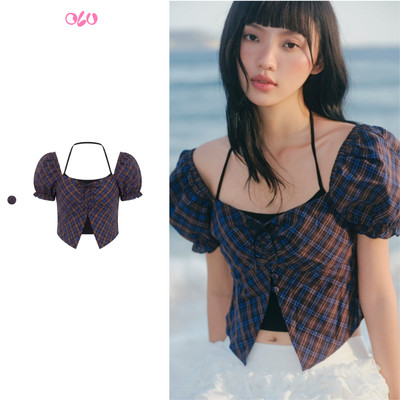 Áo croptop caro OLV Brown Plaid Cotton Puff Square Top phù hợp mùa hè đi chơi đi biển
