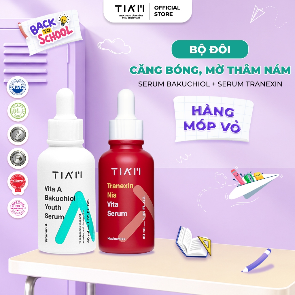 Combo Dưỡng Trắng & Chống Lão Hoá Da Tia'm Tranexin Nia Vita Serum 40ml + Tia'm Bakuchiol Youth Seru