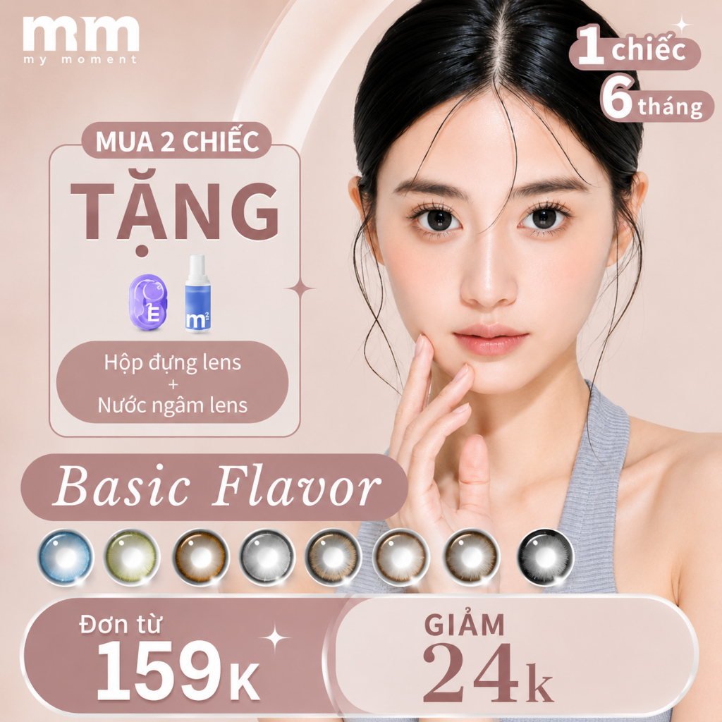 【1 CHIẾC 6 THÁNG】MM Basic Flavor xám, đen, xanh dương, xanh lá, nâu DIA 14.2-14.5mm kiểu mặt mộc, hà