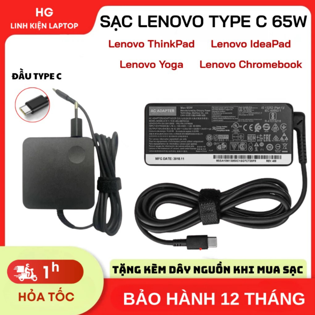 Sạc Laptop Lenovo USB-C/ TYPE C 65W 20V 3.25A Dành cho Lenovo ThinkPad, Lenovo IdeaPad, Lenovo Yoga,