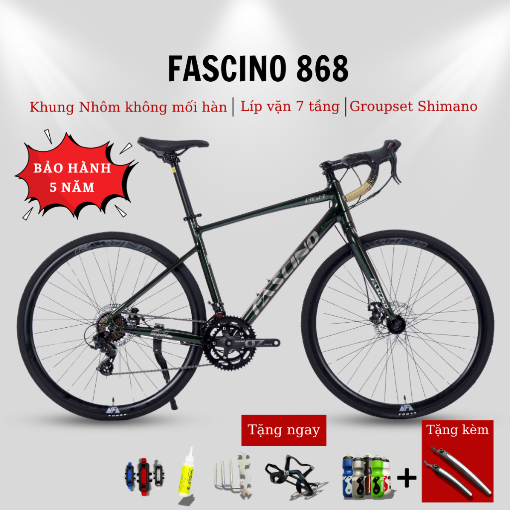 Xe Đạp Đua FASCINO 868 – Khung Nhôm Không Mối Hàn, Cáp Âm Khung – SHIMANO Tourney A070 2x7 – Phanh Đ