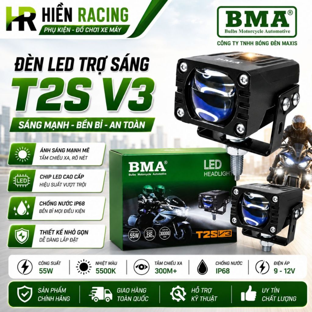 Đèn Trợ Sáng LED T2S V1 V3 BMA – Công Suất 50W, Chống Nước IP68,  Pha Màn Chập, Bảo Hành 12 Tháng
