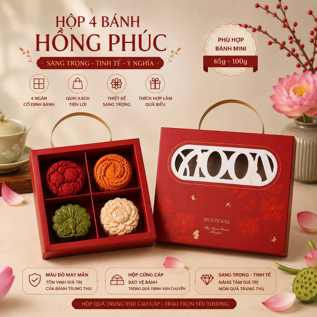 Hộp Đựng 4 Bánh Trung Thu Mini 75g-100g Hồng Phúc | Hộp Bánh Trung Thu 4 Ngăn Cao Cấp Có Quai Xách