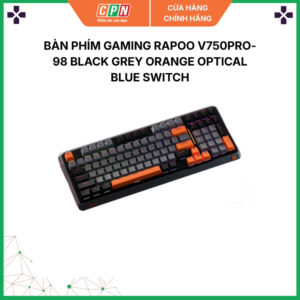 Bàn phím gaming RAPOO V750PRO-98 Black Grey Orange Optical Blue Switch , hàng chính hãng