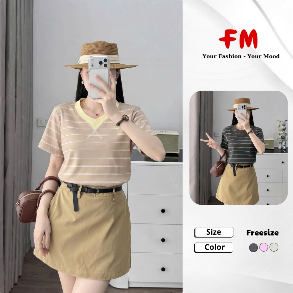 Áo Thun Nữ FMSTYLE Sọc Ngang, Cổ Tròn Phối Màu Thời Trang 26070821