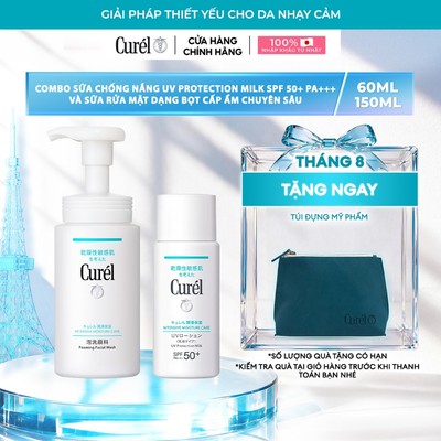 Combo Curél Sữa chống nắng UV Protection Milk SPF 50+ PA+++ 60ml và Sữa rửa mặt dạng bọt cấp ẩm chuyên sâu 150ml