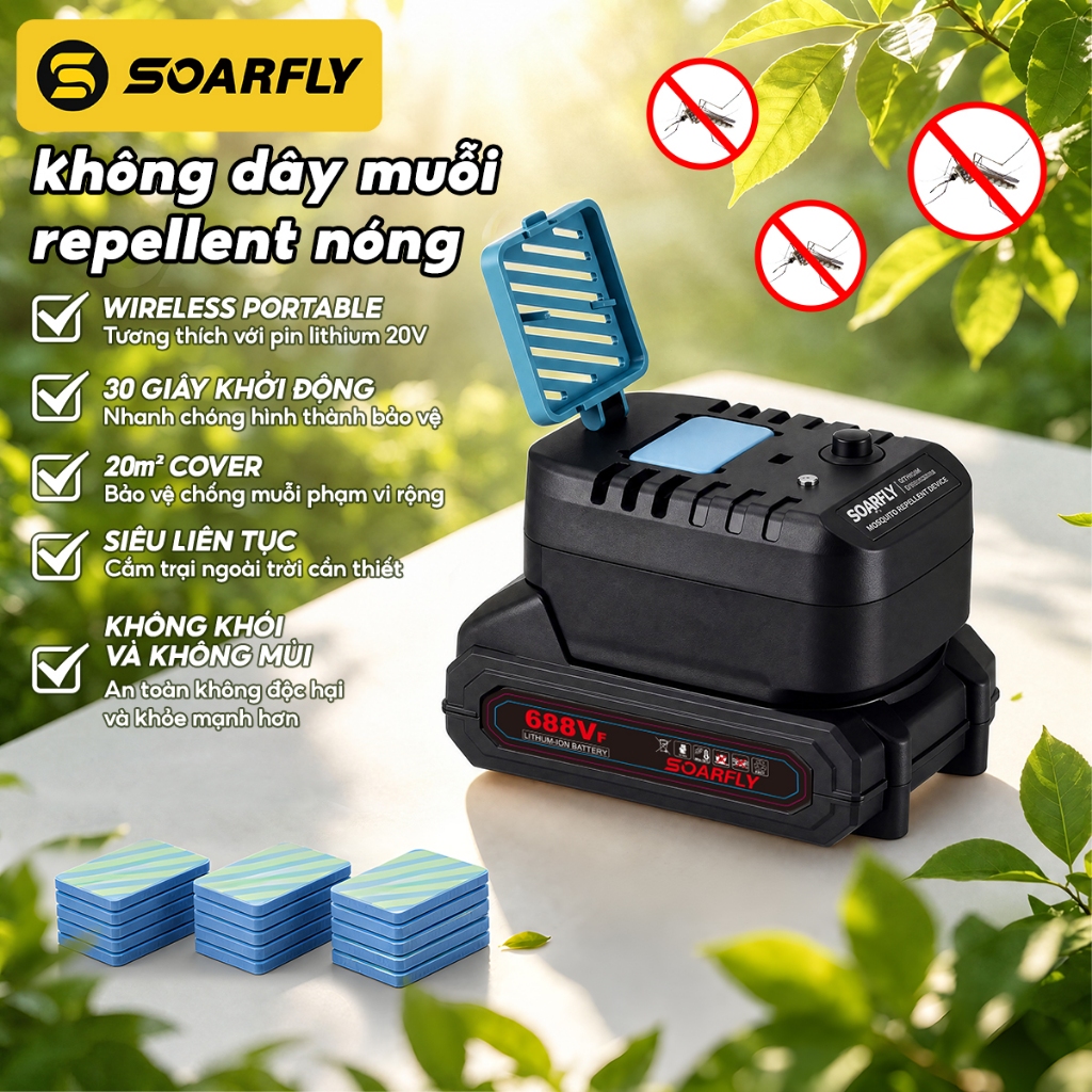 SOARFLY Máy đuổi muỗi không dây Pin 20V PTC sưởi nhanh Phạm vi 20m² Không khói dùng cắm trại câu cá tại nhà