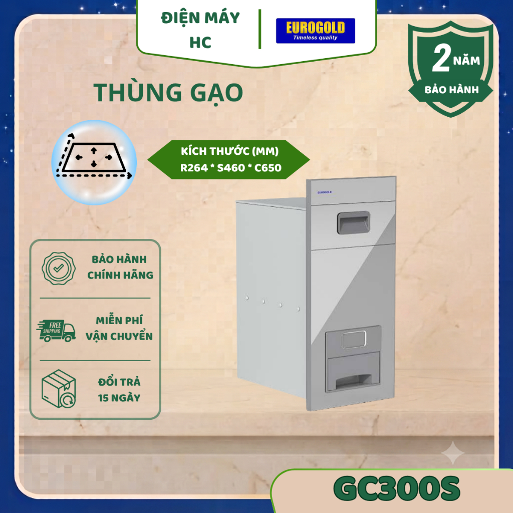Thùng Gạo Gương Nút Nhấn Eurogold GC300G/ GC300S/ GC300B – Inox Mặt Gương, Tủ Rộng 300mm