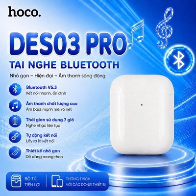 Tai nghe Bluetooth V5.3 Hoco DES03 Pro Âm bass mạnh, Thời lượng pin 7 giờ