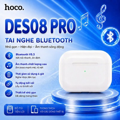 Tai nghe Bluetooth V5.3 Hoco DES08 PRO Chất âm vượt trội Pin dùng đến 4 giờ ,kết nối xa, dung lượng 350mA