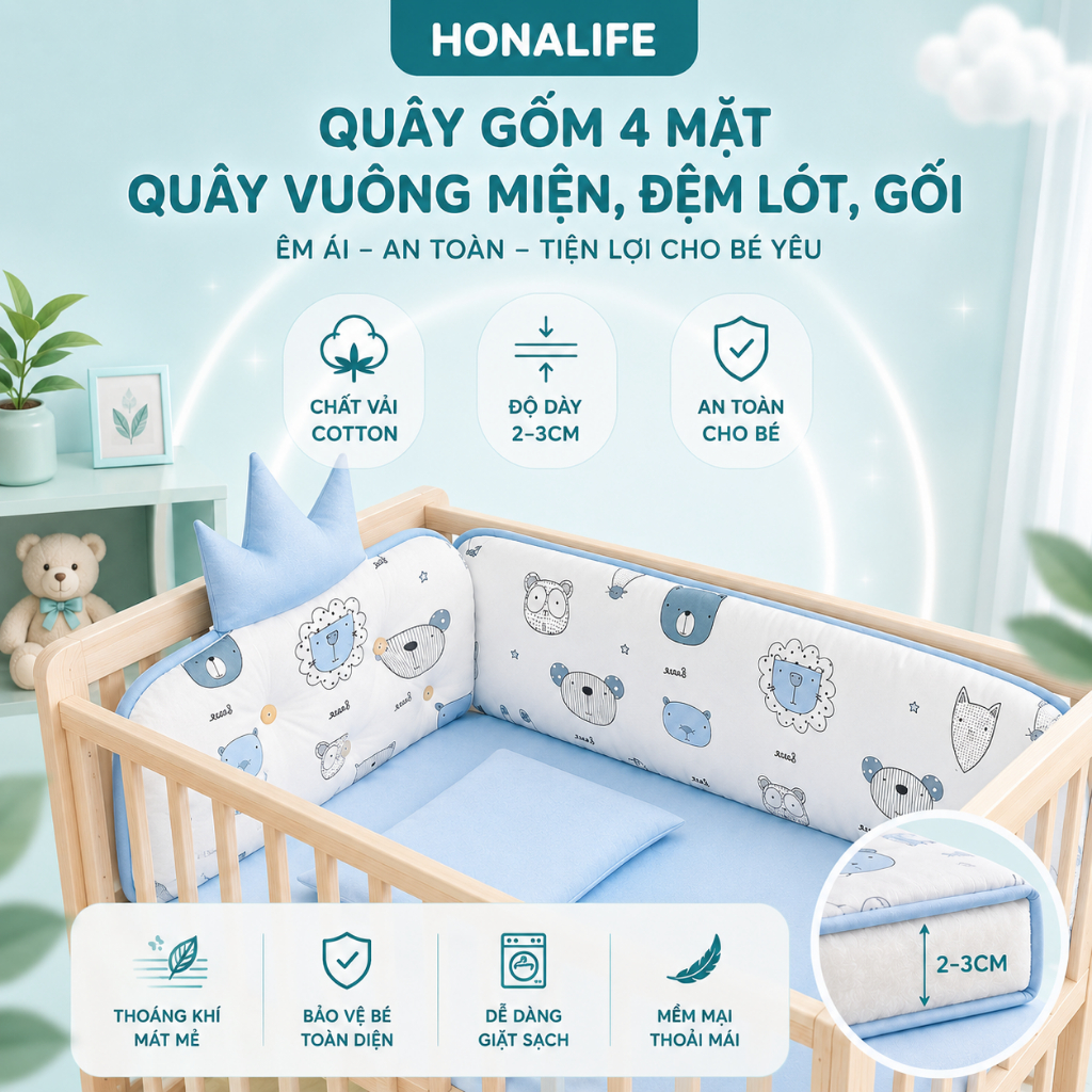 Quây Vải Hoàng Gia 6 Chi Tiết Cho Cũi Gỗ Honalife, Umo, Genmama,Chilux