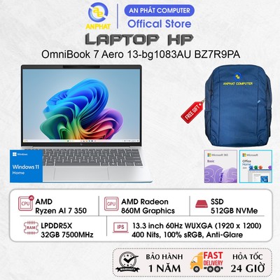 Laptop HP OmniBook 7 Aero 13-bg1083AU BZ7R9PA, Ryzen AI 7 350, 32GB RAM, 512GB SSD, 13.3 FHD+ IPS, Win11, Office24+365