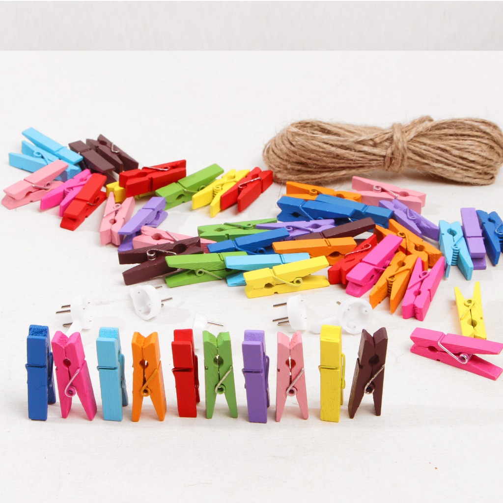 50 KẸP GỖ NHIỀU MÀU TREO ẢNH – KẸP GỖ MINI TRANG TRÍ – KẸP ẢNH HANDMADE – TẶNG KÈM DÂY 🌈