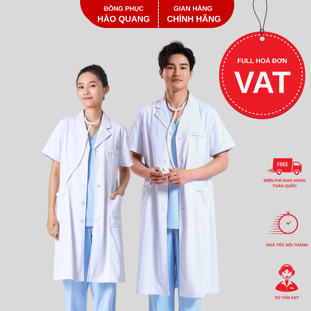 Áo Blouse trắng Hào Quang dáng dài cho bác sĩ, dược sĩ, spa, thẩm mỹ hàng cao cấp