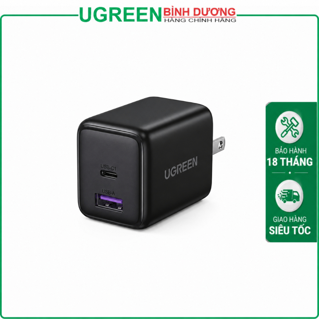 Sạc điện thoại Fast Charger GaN 30W (1 Cổng USB 18W/ 1 Cổng sạc nhanh Type-C 30W) Ko Kèm Cáp màu đen