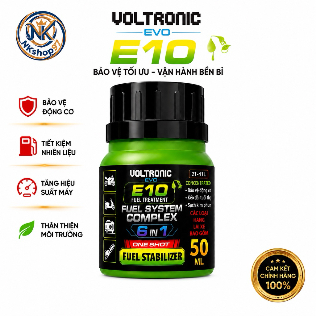 Phụ gia xang Voltronic Evo E10 50ml ổn định Ethanol sinh học 6 in 1]