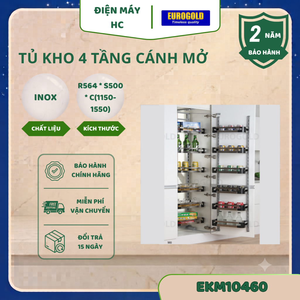 TỦ ĐỒ KHÔ EUROGOLD EKM10460/EKM10645 – INOX HỘP, CÁNH MỞ, 4 TẦNG / 6 TẦNG, TỦ 600MM / 450MM