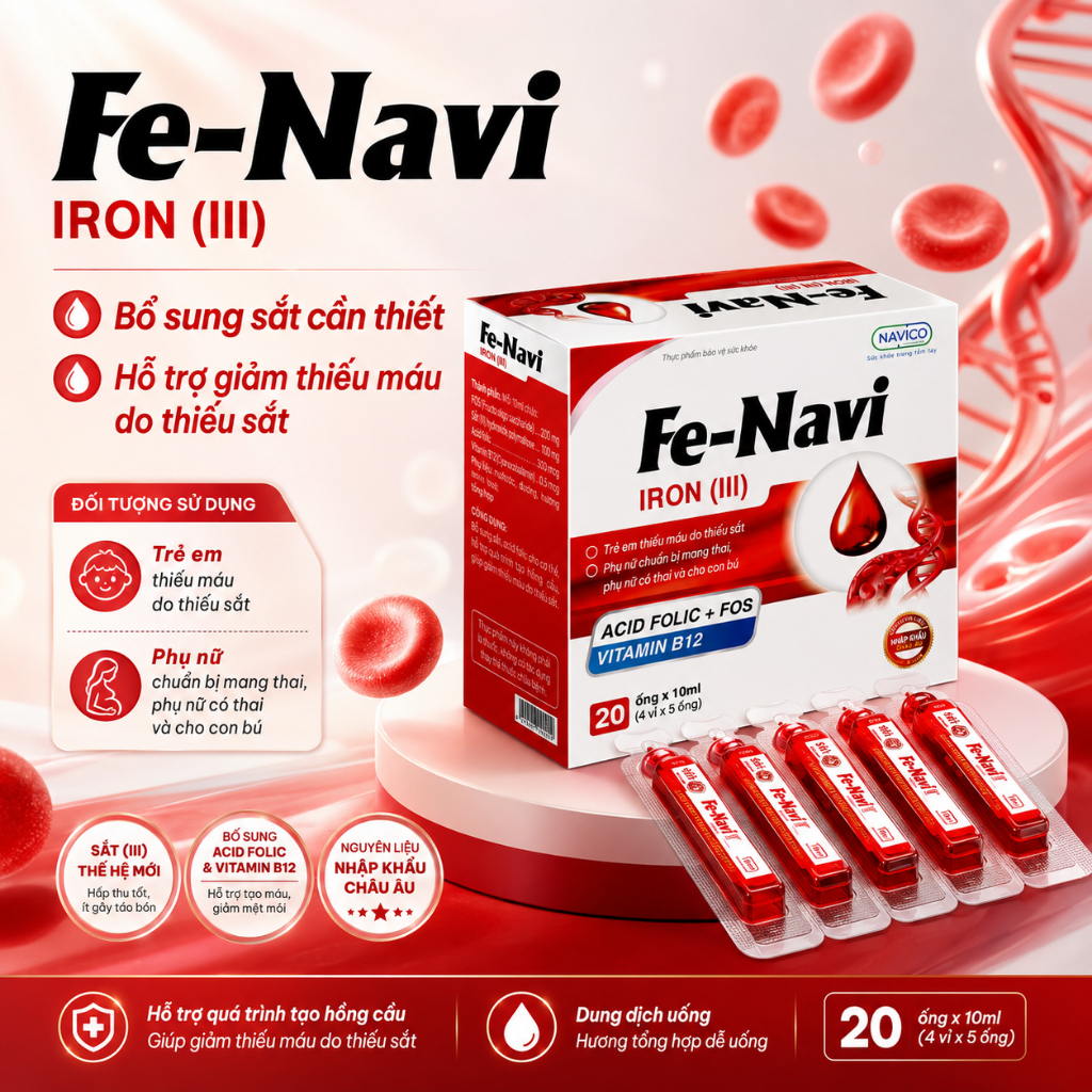 NAVICO Fe-Navi – Bổ sung sắt, Acid Folic và Vitamin B12 – Hộp 20 ống x 10ml