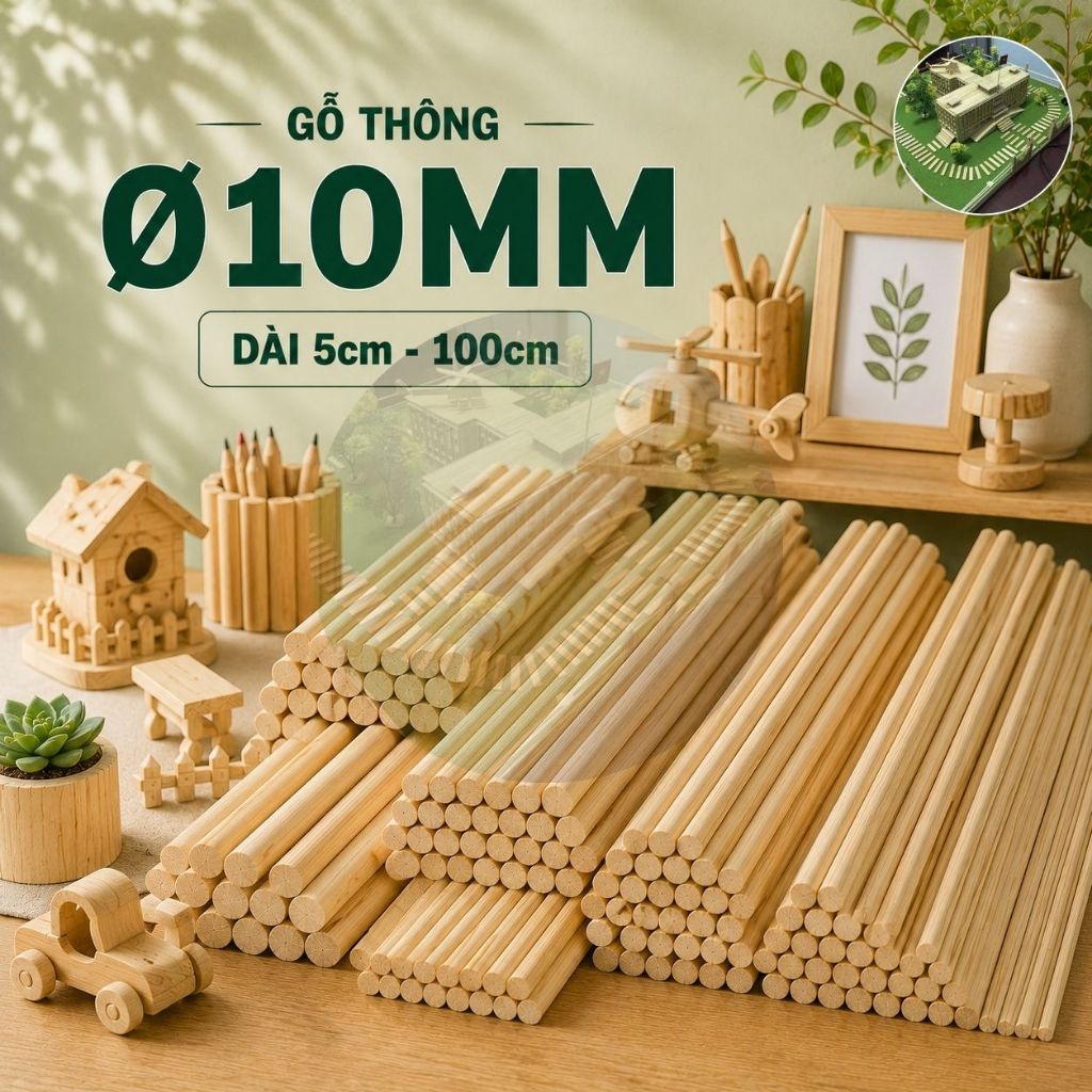 Thanh gỗ thông tròn phi 1cm (dài 5cm -120cm) làm rèm macrame, trang trí handmade