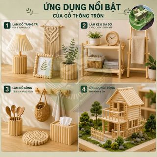 Thanh gỗ thông tròn phi 4cm (dài 5cm - 160cm) treo rèm , macrame, decor