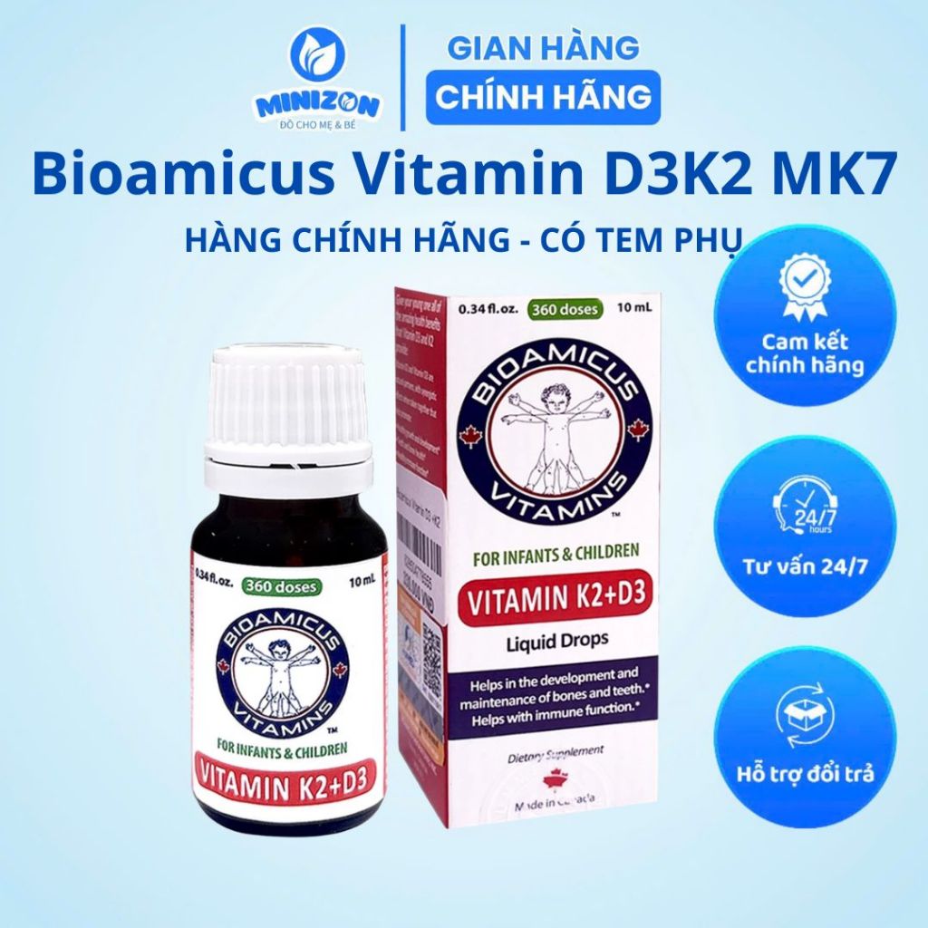 Vitamin D3K2 BioAmicus bao kép Canada lọ 10ml hỗ trợ hấp thu Canxi tăng chiều cao - Minizon Kids