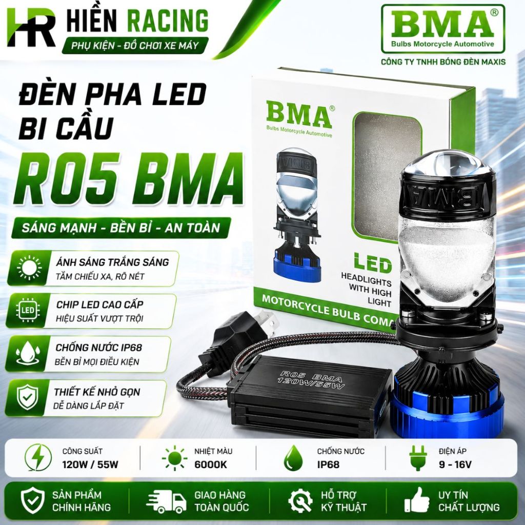 Đèn Pha Led Bi Cầu Chân H4 R05 BMA Công Suất 120W, Dùng Điện AC/DC Lắp Đèn H4 Không Cần Chế