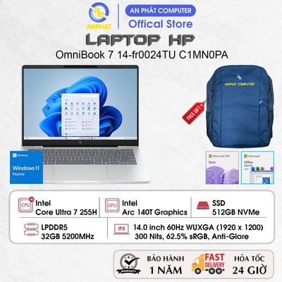 Laptop HP OmniBook 7 14-fr0024TU C1MN0PA, Core Ultra 7 255H, 32GB RAM, 512GB SSD, 14.0 2K IPS, Win11, Office24+365