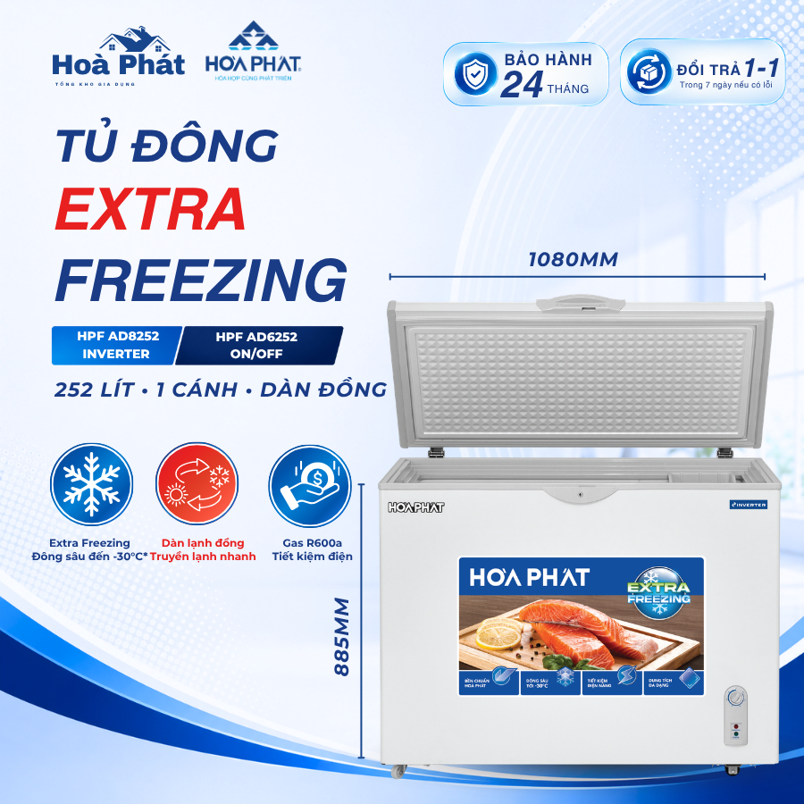 Tủ đông Hòa Phát 252 lít HPF AD8252 Inverter và HPF AD6252 dàn đồng 1 ngăn đông 1 cánh đông sâu