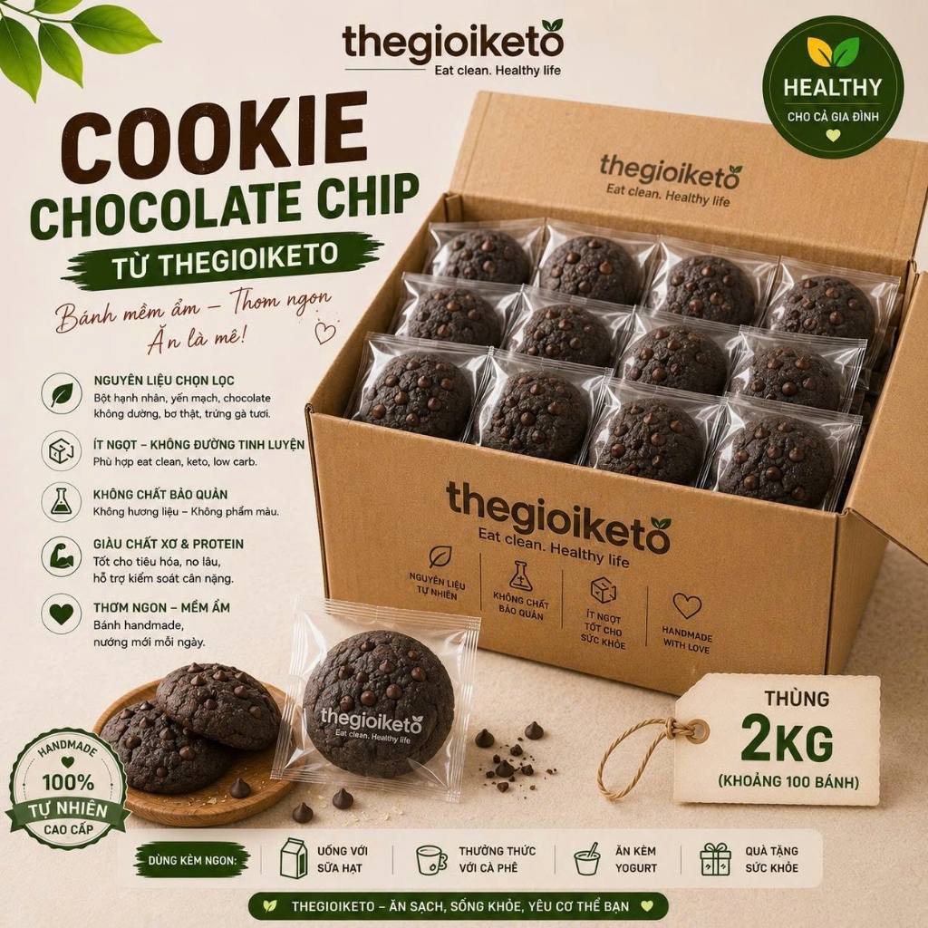 Cookie Chocolate Chip Thùng 2Kg – Giòn Thơm, Nhiều Hạt Socola, Thùng Lớn Tiện Trữ