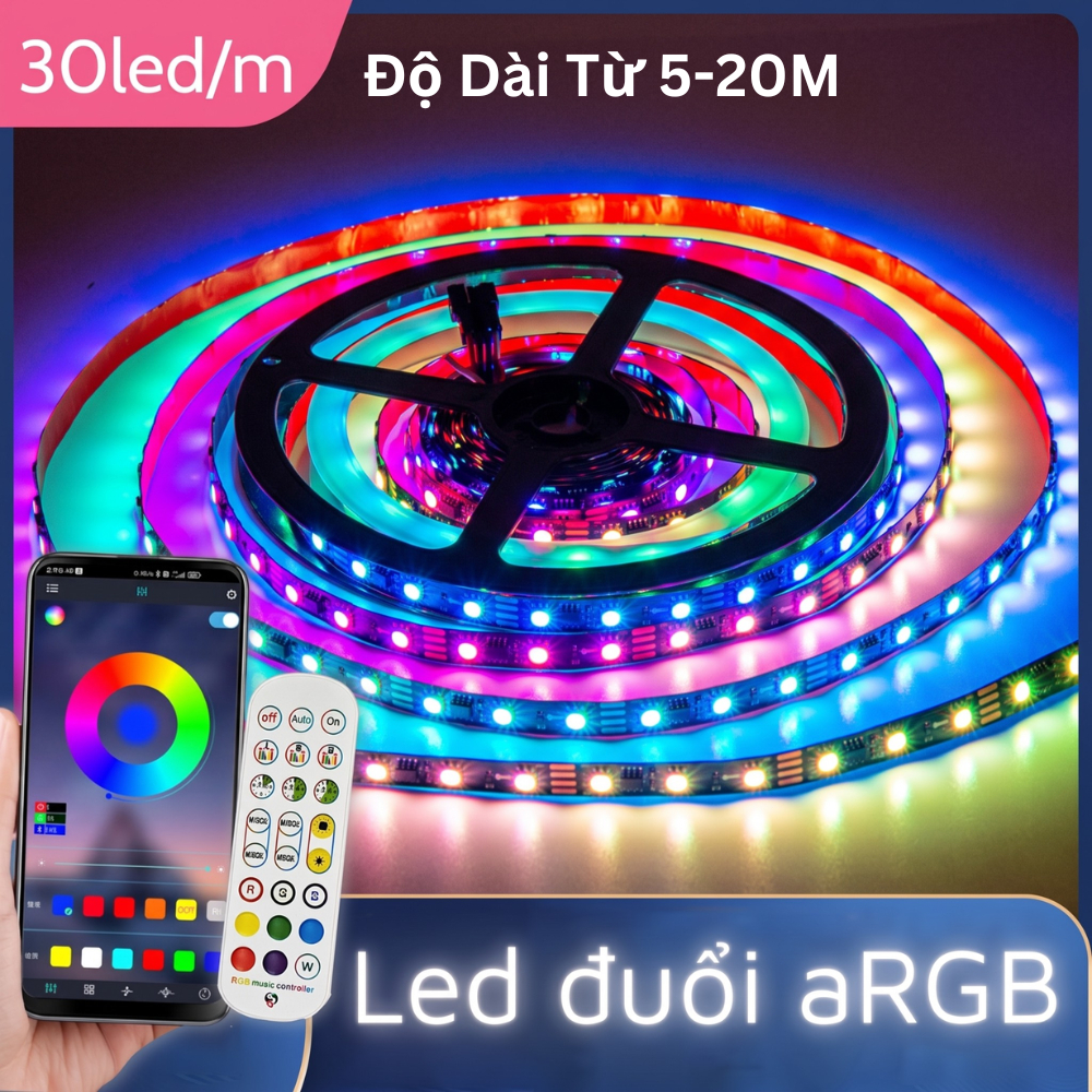 Dây đèn LED dán đuổi aRGB 5m-20m, cảm biến âm thanh, điều khiển bằng app điện thoại