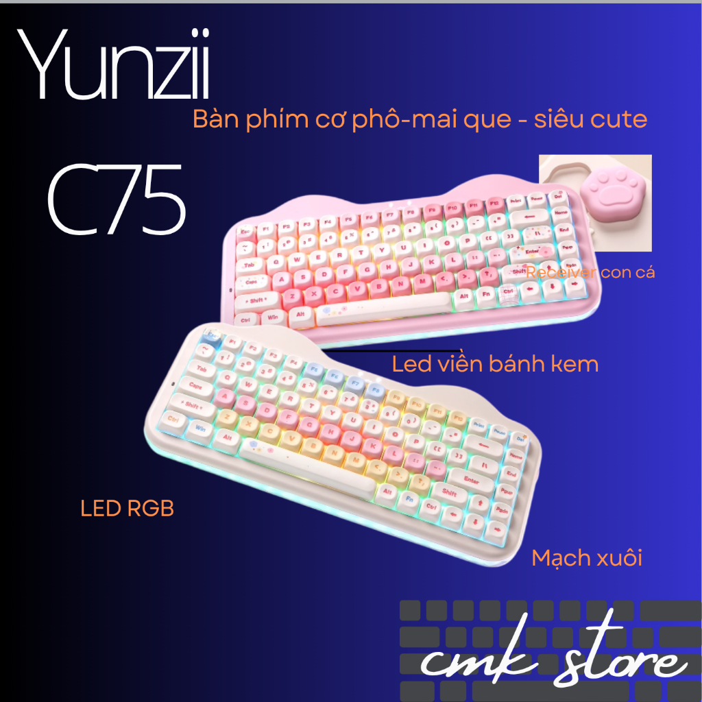 (sẵnn) Bàn Phím Cơ Yunzii C75 - Siêu Cute - 3 Mode kết nối - 75% - Led Viền Bánh Kem