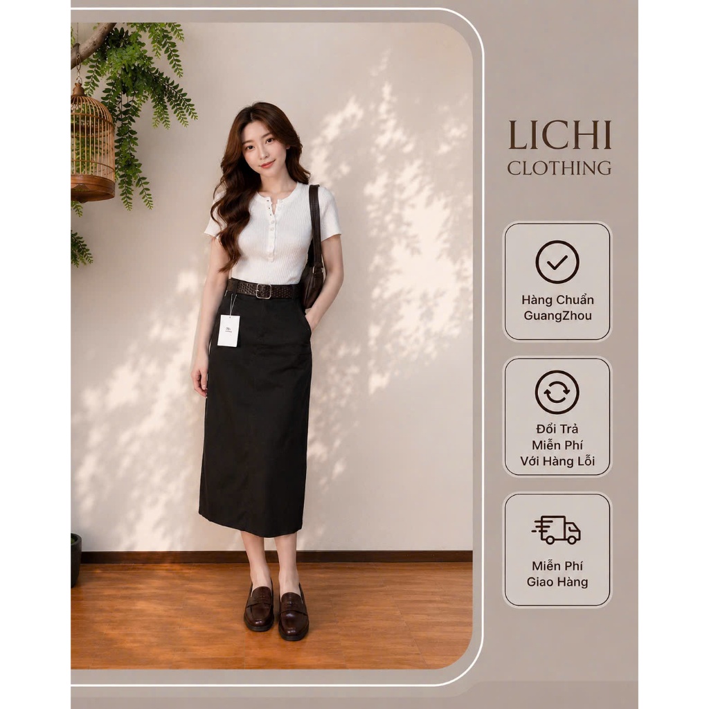 [SEVENTY] Chân váy dài Ken LiChi Clothing kaki mềm kèm belt da trendy CVD-7874