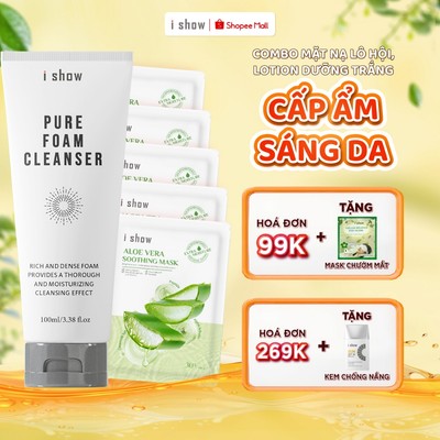 Combo I SHOW Sữa Rửa Mặt Pure Foam 100ml Sạch Sâu Dịu Nhẹ Và Hộp 5 Mặt Nạ Lô Hội Cấp Ẩm Mềm Mịn