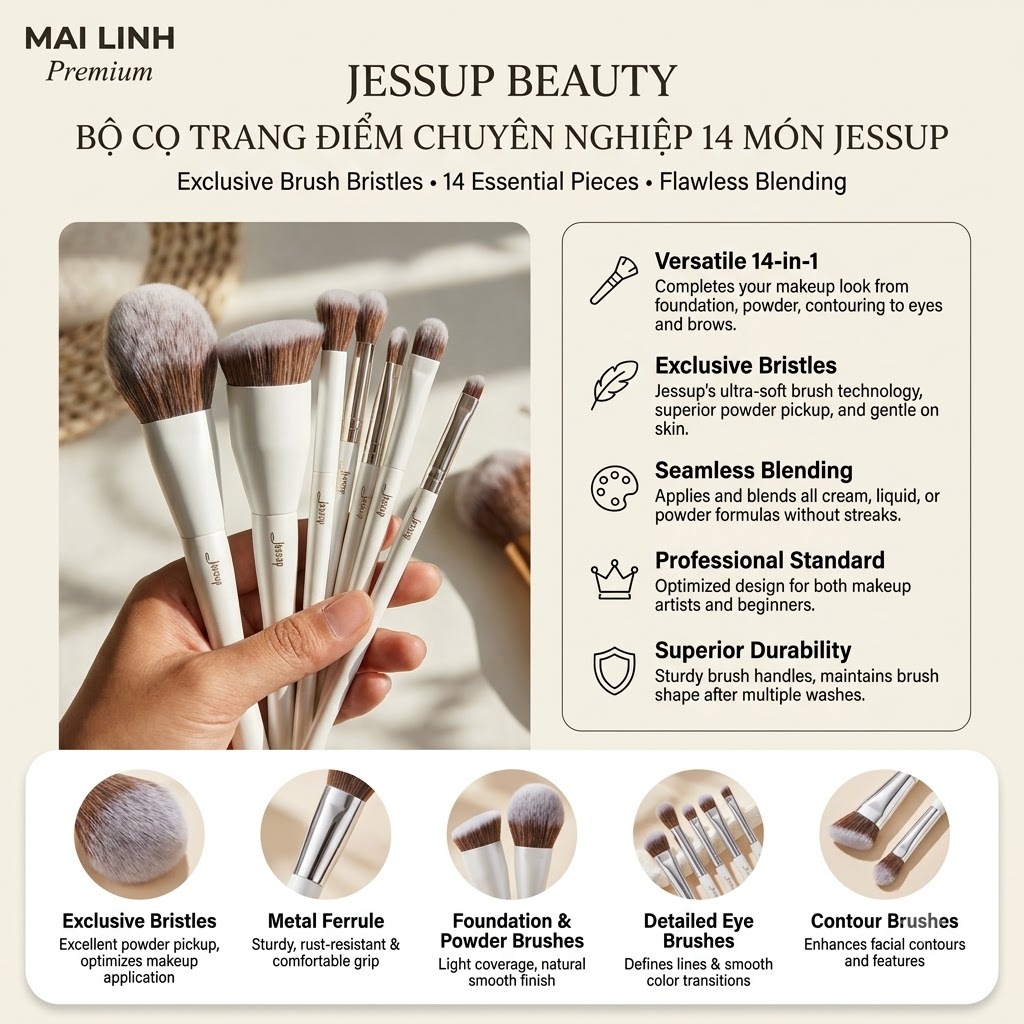Bộ cọ trang điểm Jessup 14 cọ trang điểm, kem che khuyết điểm tổng hợp cao cấp, phấn má, phấn mắt, m